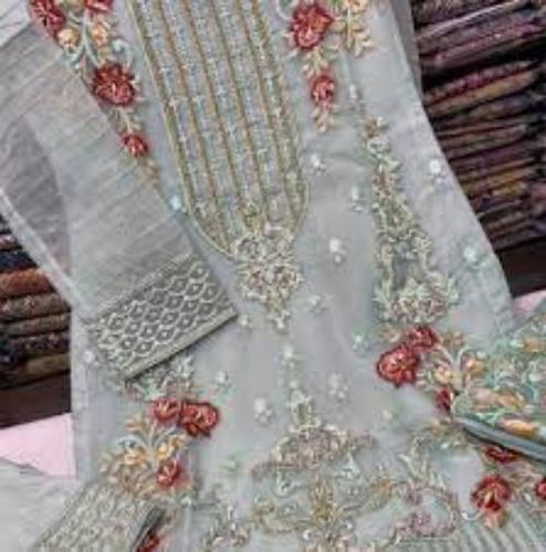 White Ladies Designer Net Embroidery Cotton Suit