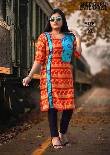 All Orange And Blue Color Printed Half Sleeves Designer Look Ladies Kurti For Casual Wear