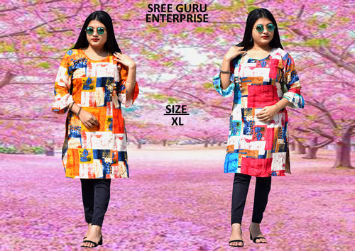 All Trendy Look Mixed Color Printed Pattern 3/4 Sleeves Ladies Printed Kurti With Round Neck