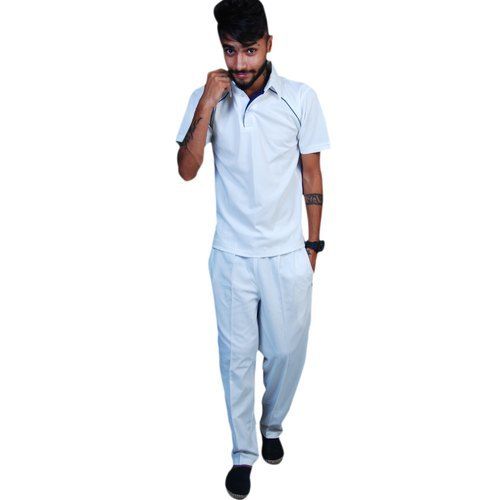 White Color Skin Friendly Polo-neck Half Sleeves Reguler Fit Plain Polyester Navex Cricket Test Match Jersey And Trackpant