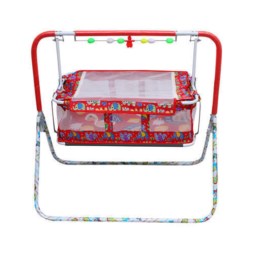 4 Wheel Red Color Powder Coated Foldable Printed 7/8 SS Baby Folding Cradle with 2.7 Feet Height