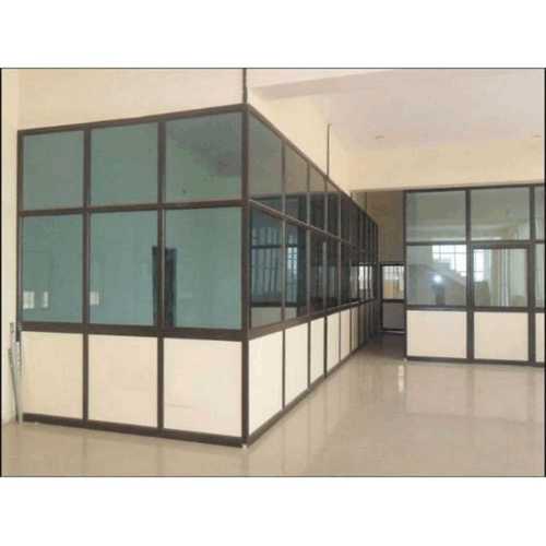 Silver Powder Coated Aluminium Partition With Hinged Open Style With 4 Mm Glass With 9 Mm Partical Board 