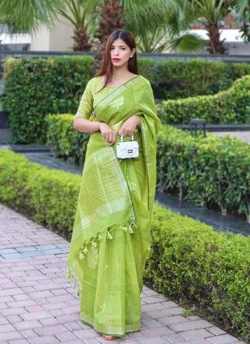 Orange Pure Linen Silk Chiffon Saree With All Over Zari Flower