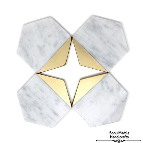 Hexagonal Golden and White Marble Coaster
