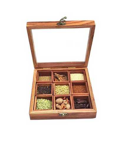 Brown 9 Compartment Rectangular Wooden Masala Spice And Dry Fruit Box With Glass Top 8 X 8 X 2.4 Inch