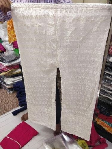 Indian White Color Ankle Length Casual Wear Regular Fit Skin Friendly Full Chikan Work Ladies Cotton Palazzo Pants