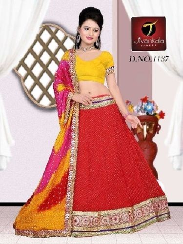 Indian Yellow And Red Party Wear Regular Fit Skin Friendly Ladies Georgette Lehenga Choli With Unstitched Blouse