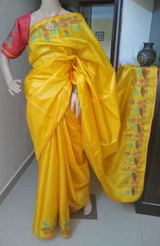 Yellow Color Light Weight Tussar Silk Cutwork Saree