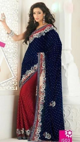 Red And Blue Party Wear Tear Resistance Skin Friendly Extremely Comfortable Beautiful And Gorgeous Stone Work Ladies Fancy Velvet Saree