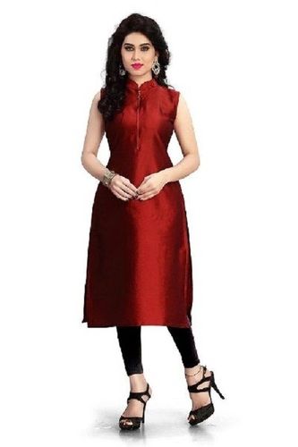 Summer Red Color Calf Length Party Wear Mandarin Neck Regular Fit Skin Friendly Wrinkle Resistance Highly Comfortable Ladies Sleeveless Handloom Plain Kurti