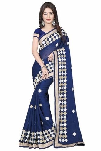 Fancy Designer Navy Blue Chiffon Embroidery Ethnic Wear Sarees