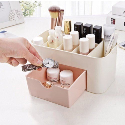 Rectangular Shaped Light Brown And White Color Plastic Made Vanity Box Cum Makeup Box Design: Standard