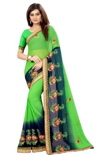 Printed Traditional Wear Green Nylon Embellished Embroidery Stone Work, Lace Border Sarees