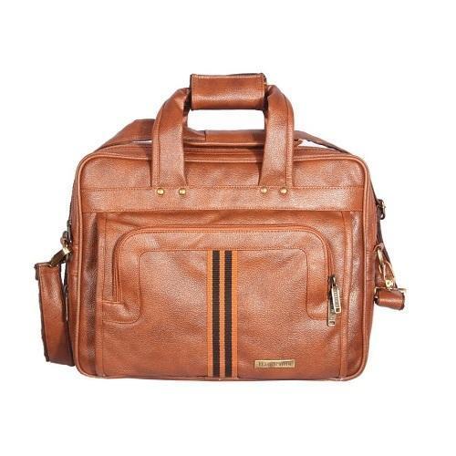 Brown Zipper Closure 3 Compartment Plain Pattern Office Use Executive Leather Laptop Bag