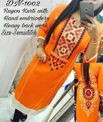 Orange Party Wear Fancy Hand Embroidery Work Reyon Cotton Selfie Kurti