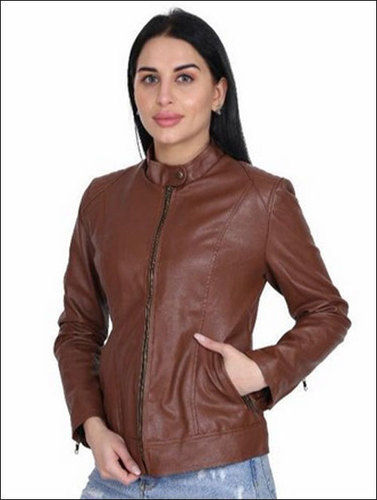 Attractive Designs Regular Wear Full Sleeve Brown Pu Leather Jacket For Ladies