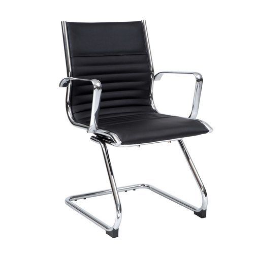 Black Office Visitor Chair With Stainless Steel Frame And Fixed Arms
