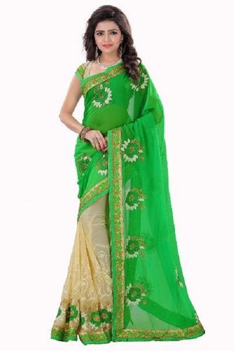 Casual Wear Green Color Embroidered Work Georgette Apparel Sarees With Blouse Piece