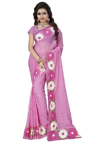 Casual Wear Pink Color Embroidered Work Chiffon Lace Border Sarees With Blouse Piece