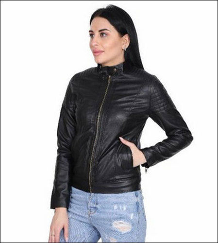 Maroon Full Sleeve Black Designer Casual Wear Solid Pu Leather Jacket For Ladies