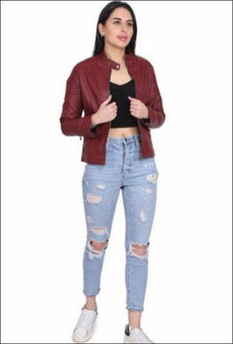 Full Sleeve Solid Pu Leather Jacket For Ladies