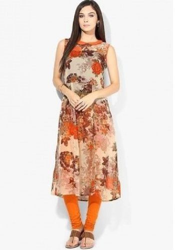 No Fade Orange And White Casual Wear Calf Length Sleeveless Round Neck Regular Fit Skin Friendly Wrinkle Resistance Highly Comfortable Ladies Designer Printed Georgette Stitched Kurti