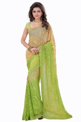 Embroidered Party Wear Green Color Nylon Bollywood Style Sarees With Blouse Piece