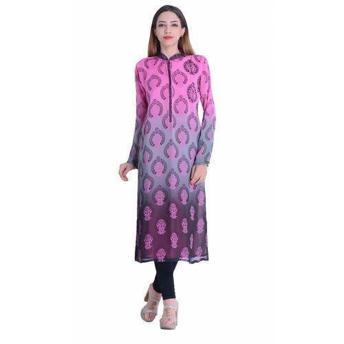 Washable Pink And Gray Casual Wear Calf Length Full Sleeves Mandarin Neck Regular Fit Skin Friendly Wrinkle Resistance Highly Comfortable Ladies Printed Chiffon Kurti