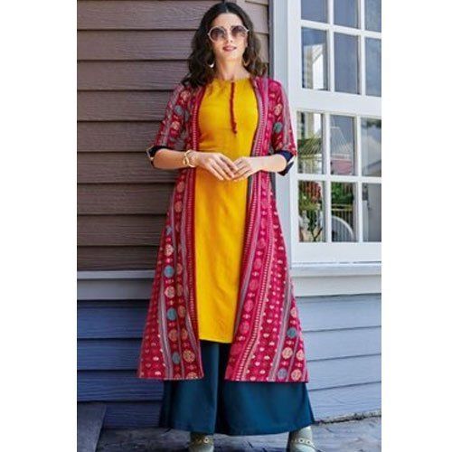 Dual Color Round Neck Calf Length 3/4th Sleeves Regular Fit Skin Friendly Wrinkle Resistance Casual Wear Ladies Fancy Stitched Printed Rayon Kurti