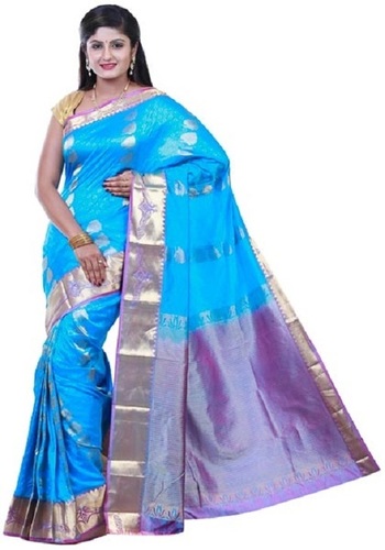 Olympic Blue And Lavender Casul Wear Skin Friendly Extremely Comfortable Beautiful And Gorgeous Ladies Printed Zari Border Silk Saree With Blouse Piece