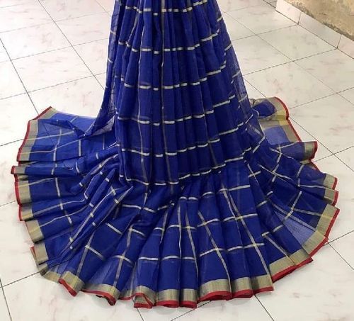 Summer Blue Party Wear Skin Friendly Ladies Kota Doria Saree With Zari Checks Weaving And Chit Pallu