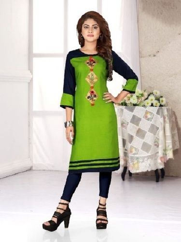 Green And Navy Blue 3/4th Sleeves Round Neck Casual Wear Regular Fit Skin Friendly Ladies Rayon Printed Kurti