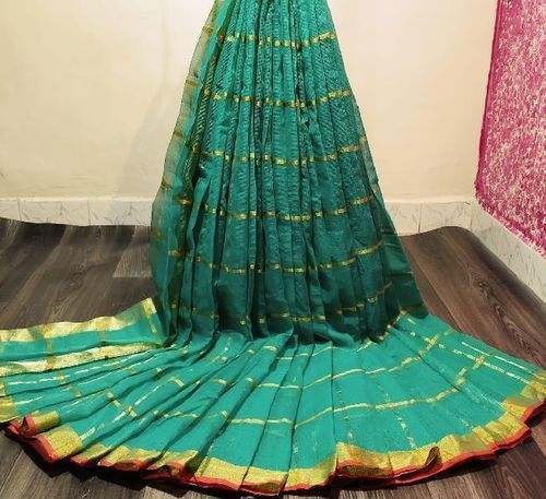 Summer Green Party Wear Skin Friendly Ladies Kota Doria Saree With Zari Checks Weaving And Chit Pallu