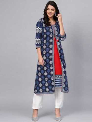 Ladies Party Wear Front High Slit Blue Cotton A Line Kurtis