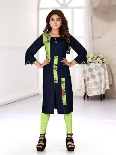 Anti Wrinkle Navy Blue And Light Green 3/4Th Sleeves Round Neck Casual Wear Regular Fit Skin Friendly Ladies Stitched Cotton Printed Kurti