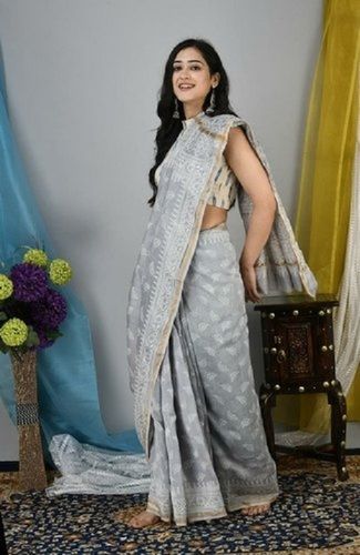 Summer Gray Party Wear Skin Friendly Ladies Ajrakh Print Chanderi Silk Saree With Blouse Piece