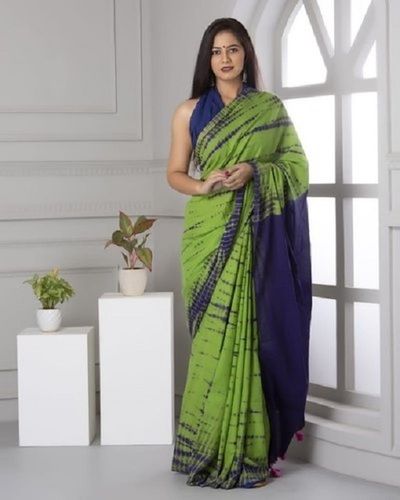 Summer Green And Blue Casual Wear Ladies Shibori Printed Soft Cotton Saree With Shibori Blouse Piece