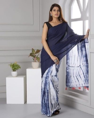 Summer Navy Blue And White Casual Wear Ladies Shibori Printed Soft Cotton Saree With Shibori Blouse Piece