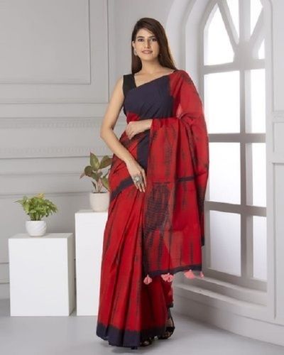 Summer Red And Blue Casual Wear Ladies Shibori Printed Soft Cotton Saree With Blouse Piece