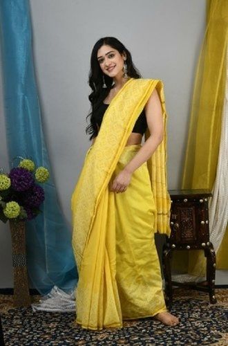 Yellow Party Wear Skin Friendly Ladies Ajrakh Print Chanderi Silk Saree With Blouse Piece