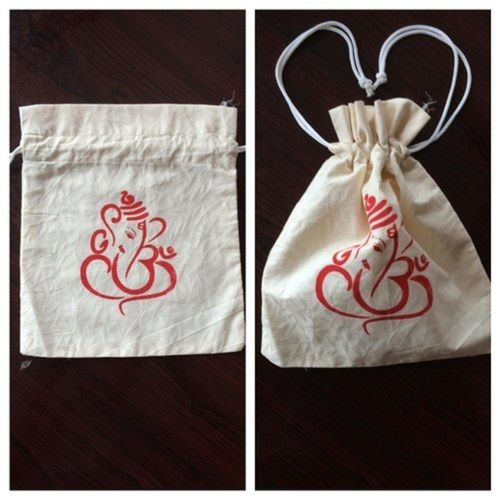 1 Kg Capacity Ganesha Printed Flexible White Drawstring Cotton Potli Gift Bag Size: Subject To Order Or Availability