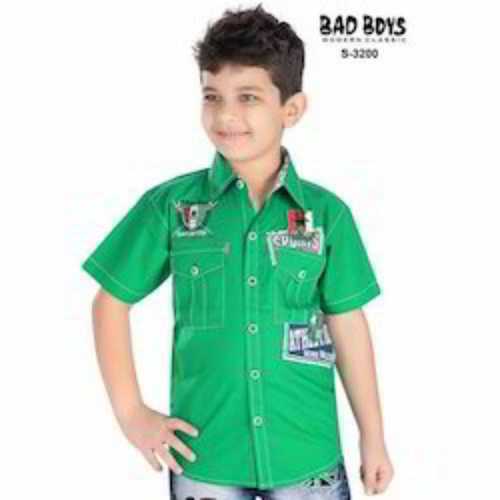 Button Closure Type Short Sleeve Kids Green Cotton Shirt With Two Pocket Age Group: 5-15 Year