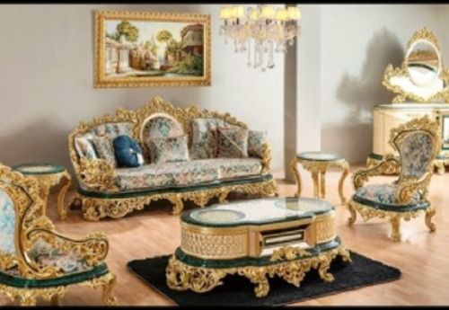 Machine Made Teak Wood Royal Sofa Antique Design Heavy Carving Work With Deco Golden Paint