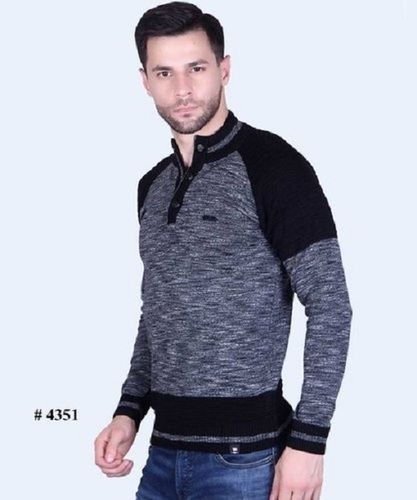 Wool 4351 Gray And Black Casual Wear Full Sleeves Regular Fit Skin Friendly Button Neck Closure Mens Plain Woolen Sweater