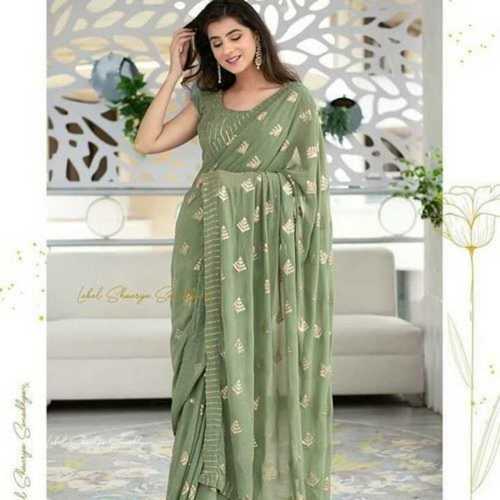 Cotton Silk Festival And Party Wear Ladies Embroidery Work Printed Light Green Sarees 