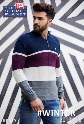 Wool R049 Multi Colors Casual Wear Full Sleeves Regular Fit Skin Friendly Zipper Neck Closure Mens Big Striped Woolen Sweater