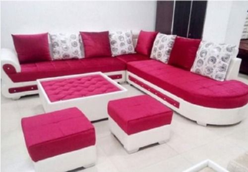 Machine Made Wooden Designer Pink And White L Shape Sofa Set