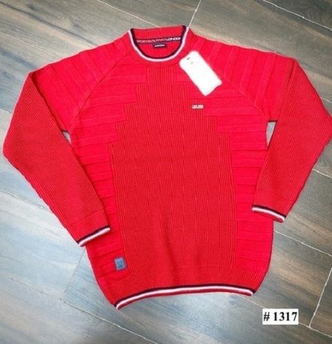 Wool 1317 Red Round Neck Casual Wear Full Sleeves Regular Fit Skin Friendly Mens Knitted Plain Woolen Pullover Sweater