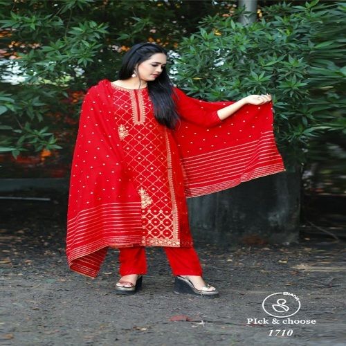 Red Beautifully Designed Ladies Cotton Silk Suits With Embroidered Dupatta