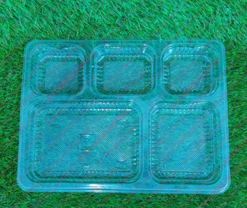 Blue Color Transparent Plastic 5 Compartments Disposable Plates - Thali, 12 Inch